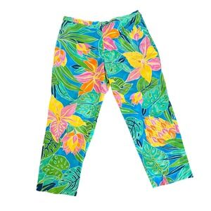 Ralph Lauren Women Tropical Floral Print Pants Size 16 Retro Vacation-Flawed